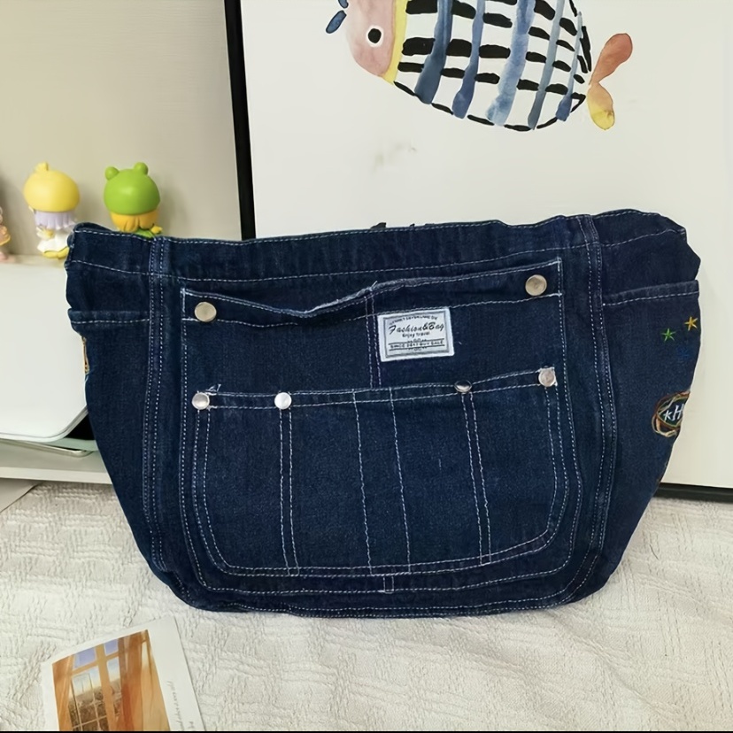 Women Denim Crossbody Bag Casual Large Capacity Shoulder Bag Vintage Solid  Color Messenger Bag Multi-Pockets Zipper Commute Bag