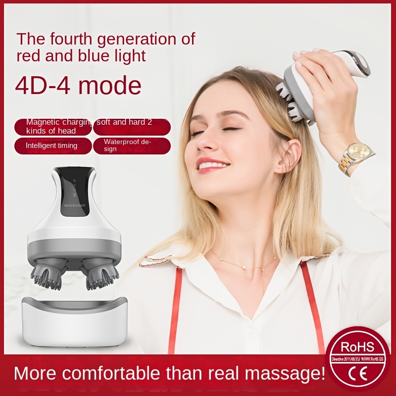 Massaggiatore elettrico per cuoio capelluto, massaggio a raggi rossi e blu  4D, massaggiatore portatile ricaricabile per la testa con 4 artigli
