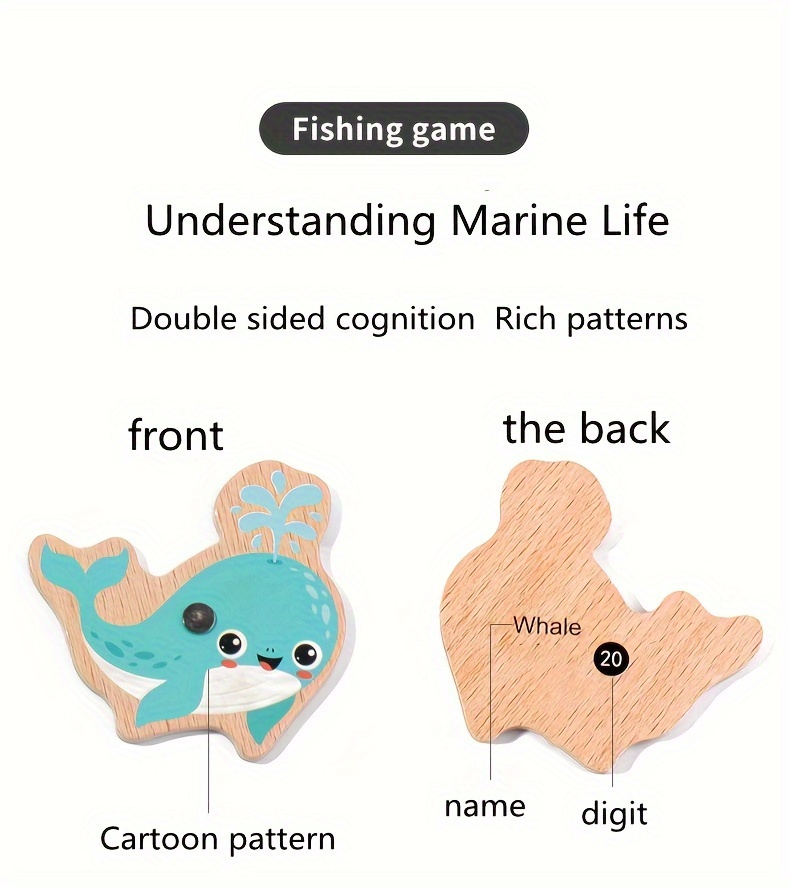 Wooden Magnetic Fishing Toy Baby Cartoon Marine Life Cognitive Fish Game  Education Parent-Child Interaction (20 Fish + Fish Bucket +dice + 2 Fishing