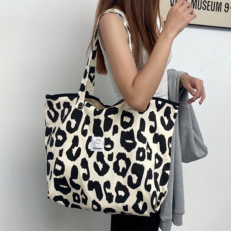 

Leopard Pattern Large Capacity Canvas Tote Bag, Durable Lightweight Shoulder Bag, Casual Practical Commuter Bag