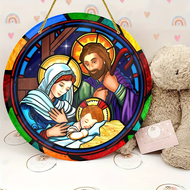 1pc,Acrylic Round Plaque, Stained Nativity- Blue Green Red Traditional  Christmas- Baby Jesus Wreath Sign,Round Hanging  Decor,size(8x8/20cm*20cm), Ro