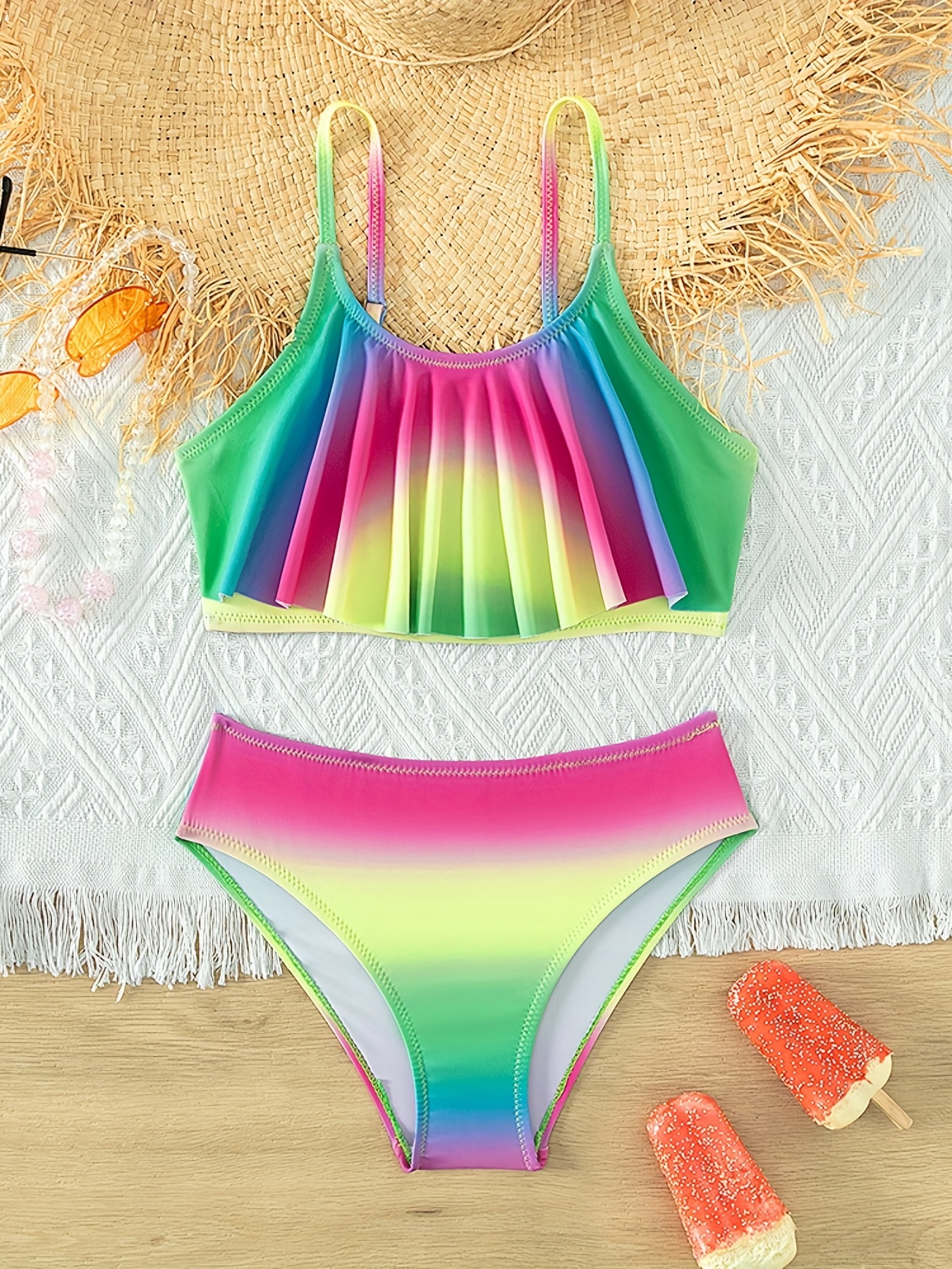 Girl's Swimsuit Color Gradient Bikini Set Stretchy Cute - Temu