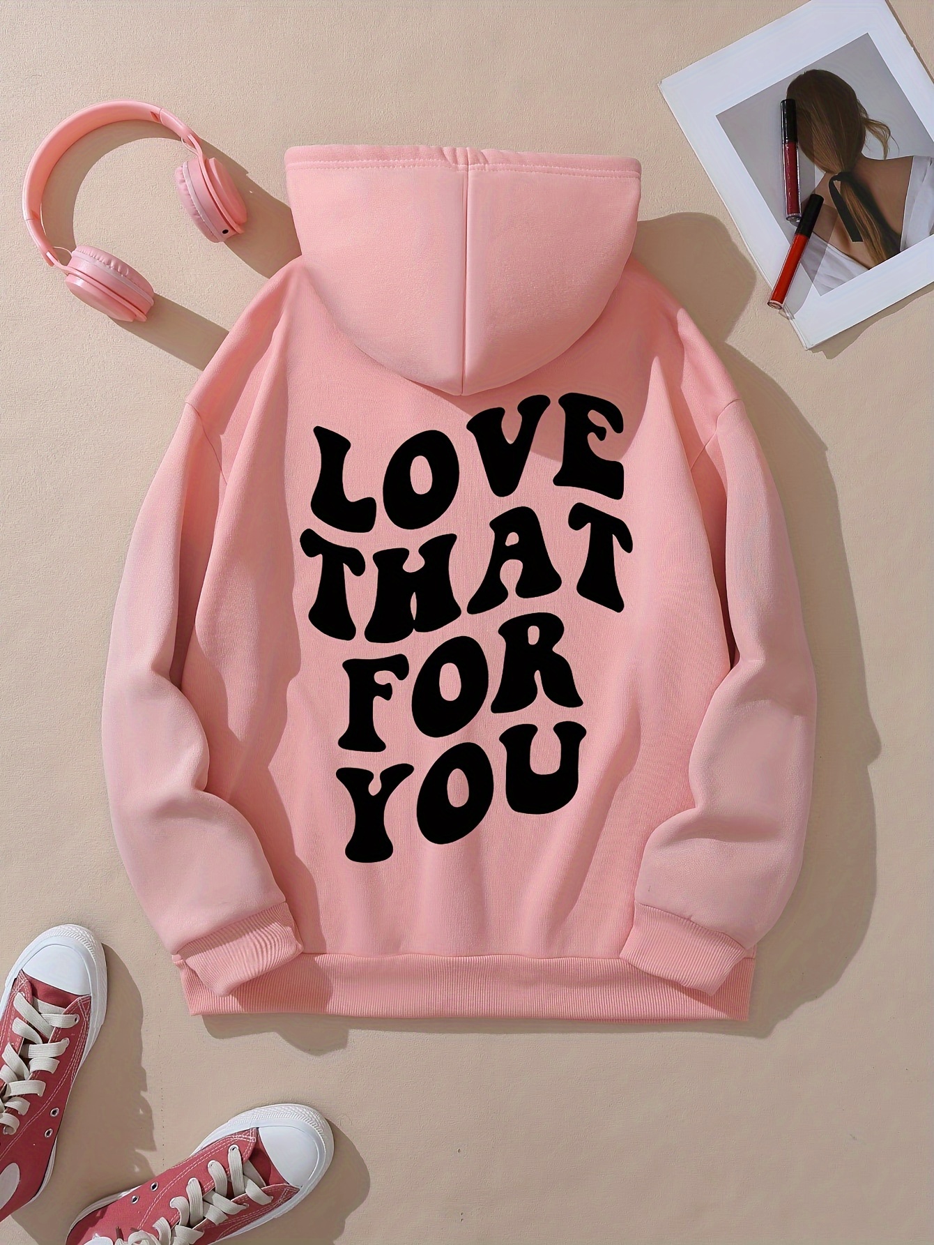 Letter Print Kangaroo Pocket Hoodie Casual Long Sleeve Temu