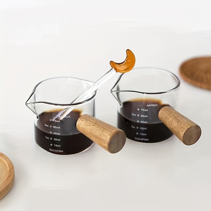 1 Pack Double Spouts Measuring Triple Pitcher Milk Cup with Wood Handle 75ml Espresso Shot Glasses Parts Clear Glass by BCnmviku