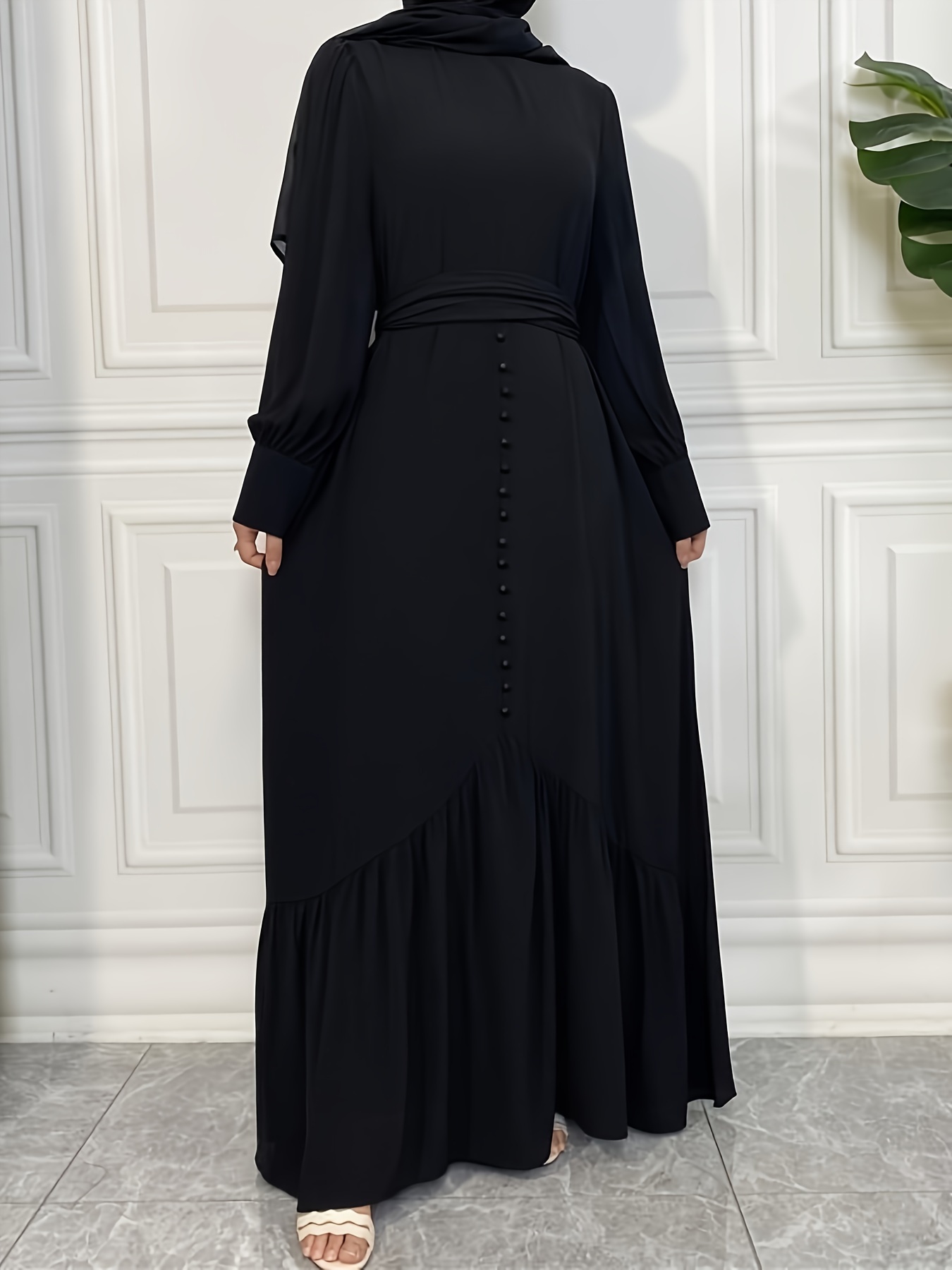 Solid Ruched Maxi Kaftan Abaya Casual Long Sleeve Button Fro