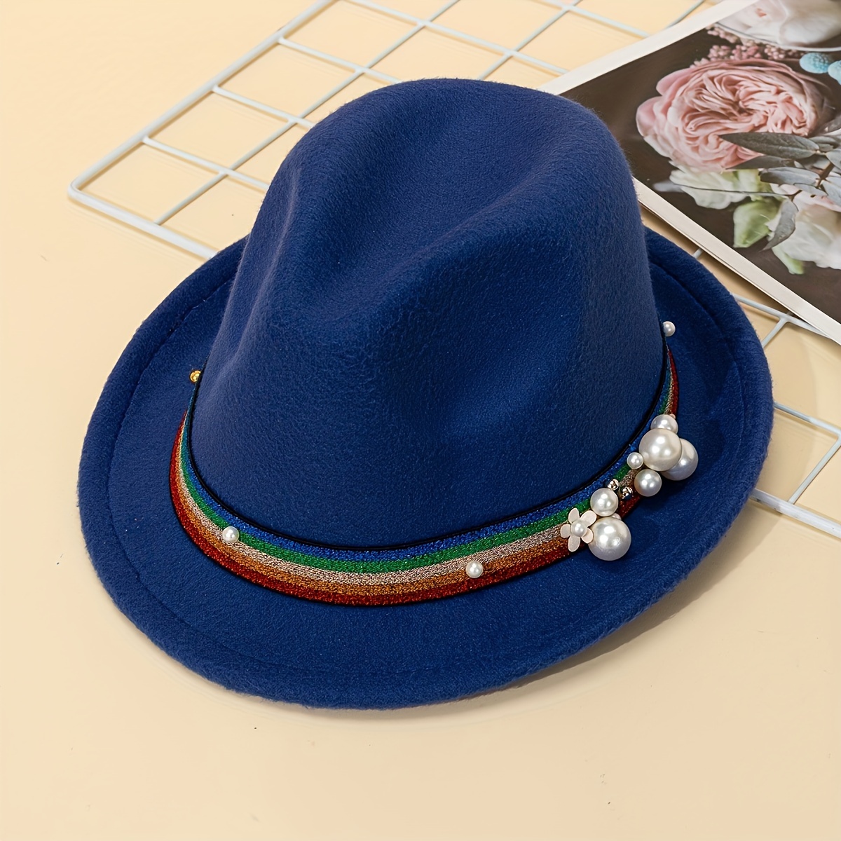 chic red panama felt hat colorful stripe band Temu Morocco