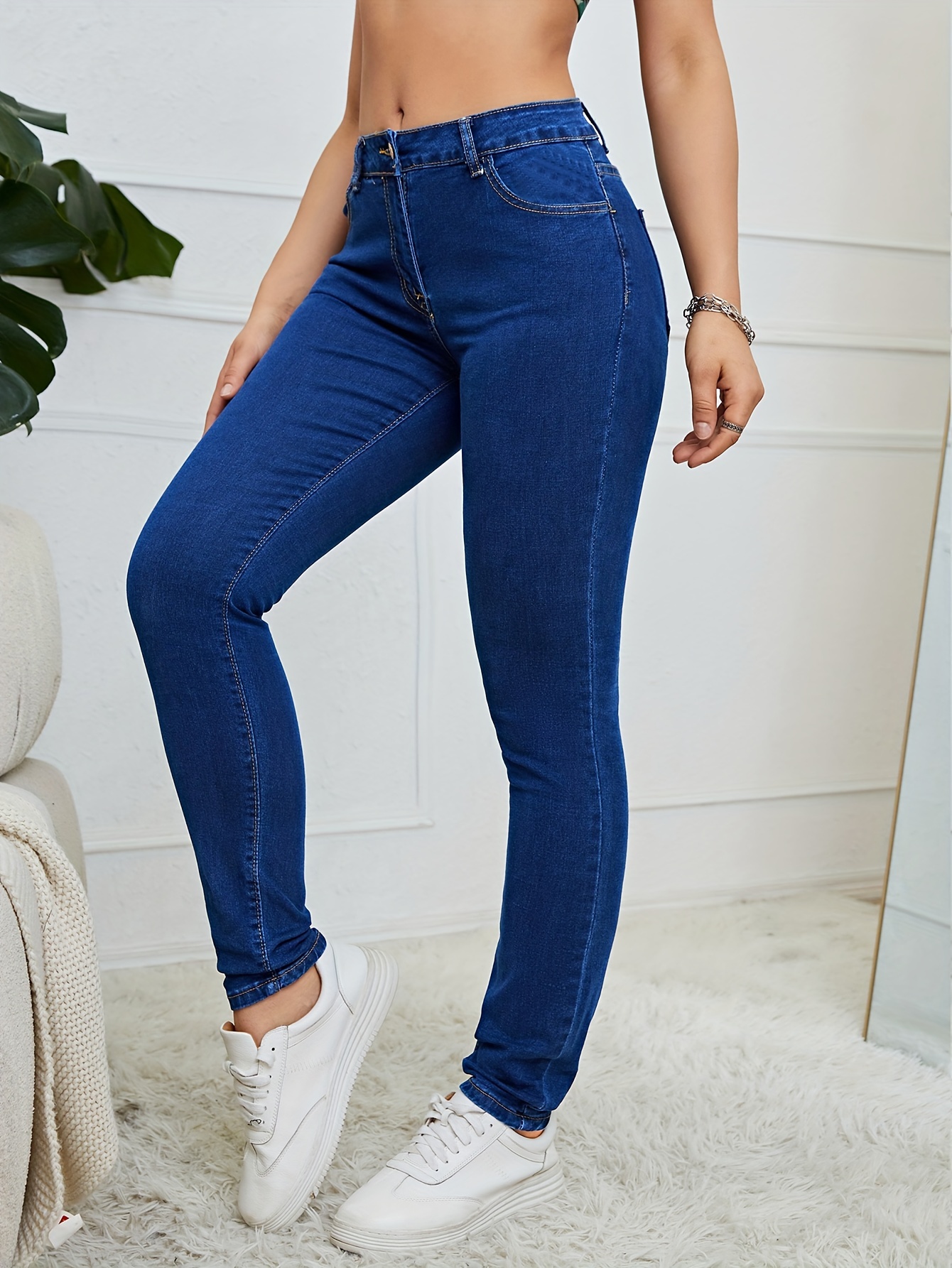 Women's Slim Soft Stretch Denim Jeans High Waist Solid Colour Dark