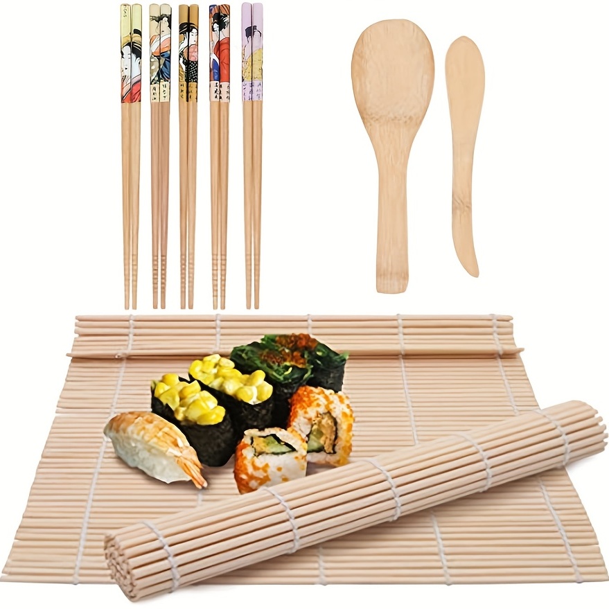 1/2/9pcs, Sushi Making Kit, Bamboo Sushi Mat, 2 Sushi Rolling Mats, 5 Pairs  Of Chopsticks, 1 Rice Spoon, 1 Spreader, Beginner Sushi Kit, Kitchen Tools