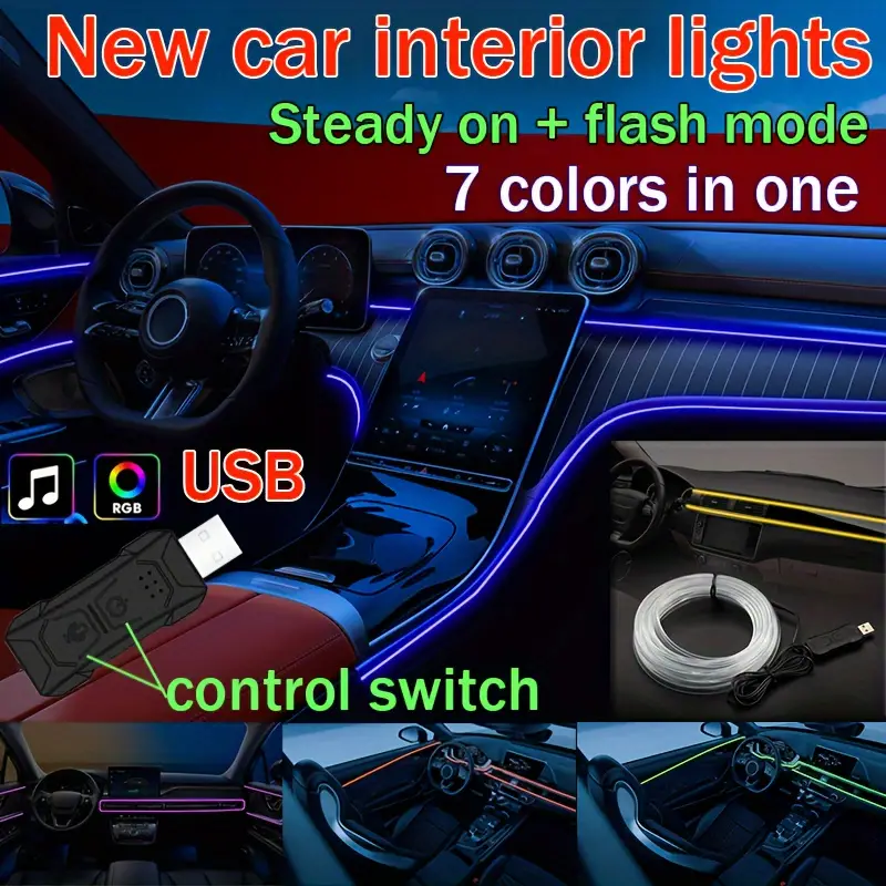 7 Farben RBG Auto Innenraum Atmosphäre Beleuchtung LED Streifen Neon LED  Auto Beleuchtung Streifen DIY Flexible EL Kaltlicht Linie Tube Auto