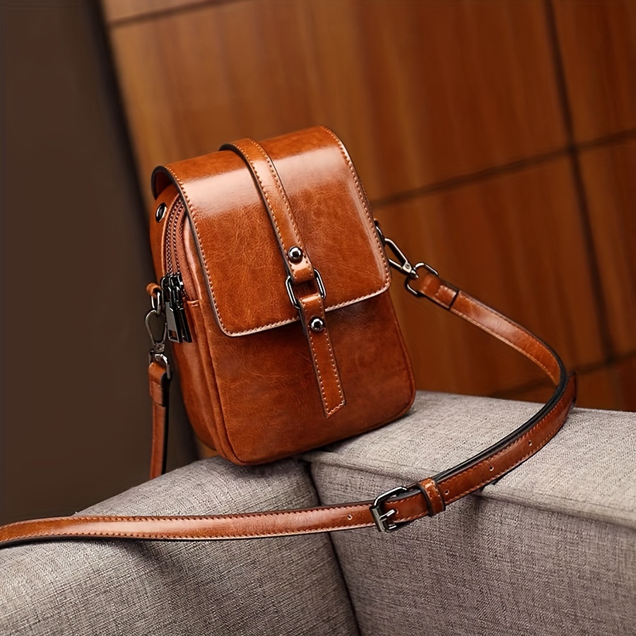 Small Solid Color Crossbody Bag, Oil Wax Leather Mobile Phone Bag