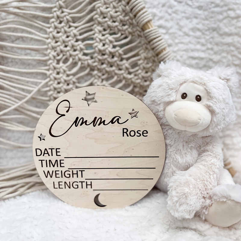 Tarjeta redonda de anuncio de nacimiento de madera personalizada para bebé  recién nacido, placa de madera con el nombre del bebé y detalle de