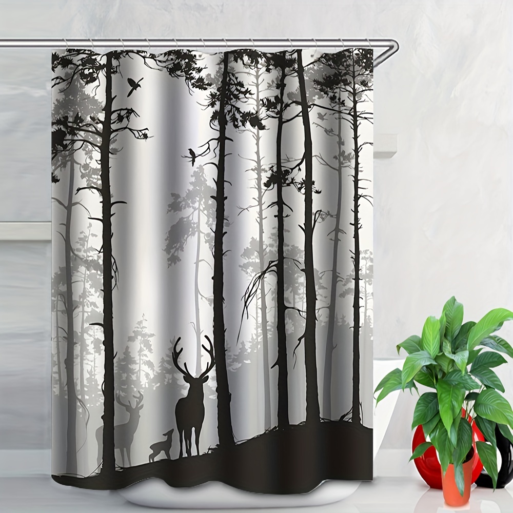 Deer Print Shower Curtain Set, Bathroom Rug, U-shape Mat, Toilet