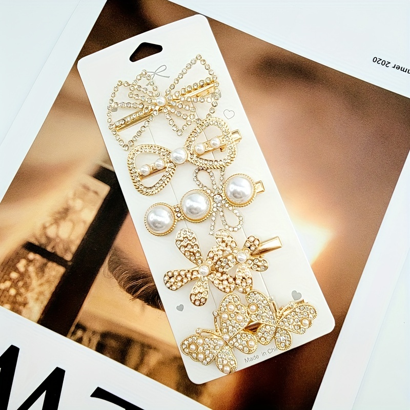 TEMU Set Of 5 Alloy Hair Clips With Pearl Decoration, Featuring A Minimalist Alligator Design, Elegant Headwear That Prevents Slipping