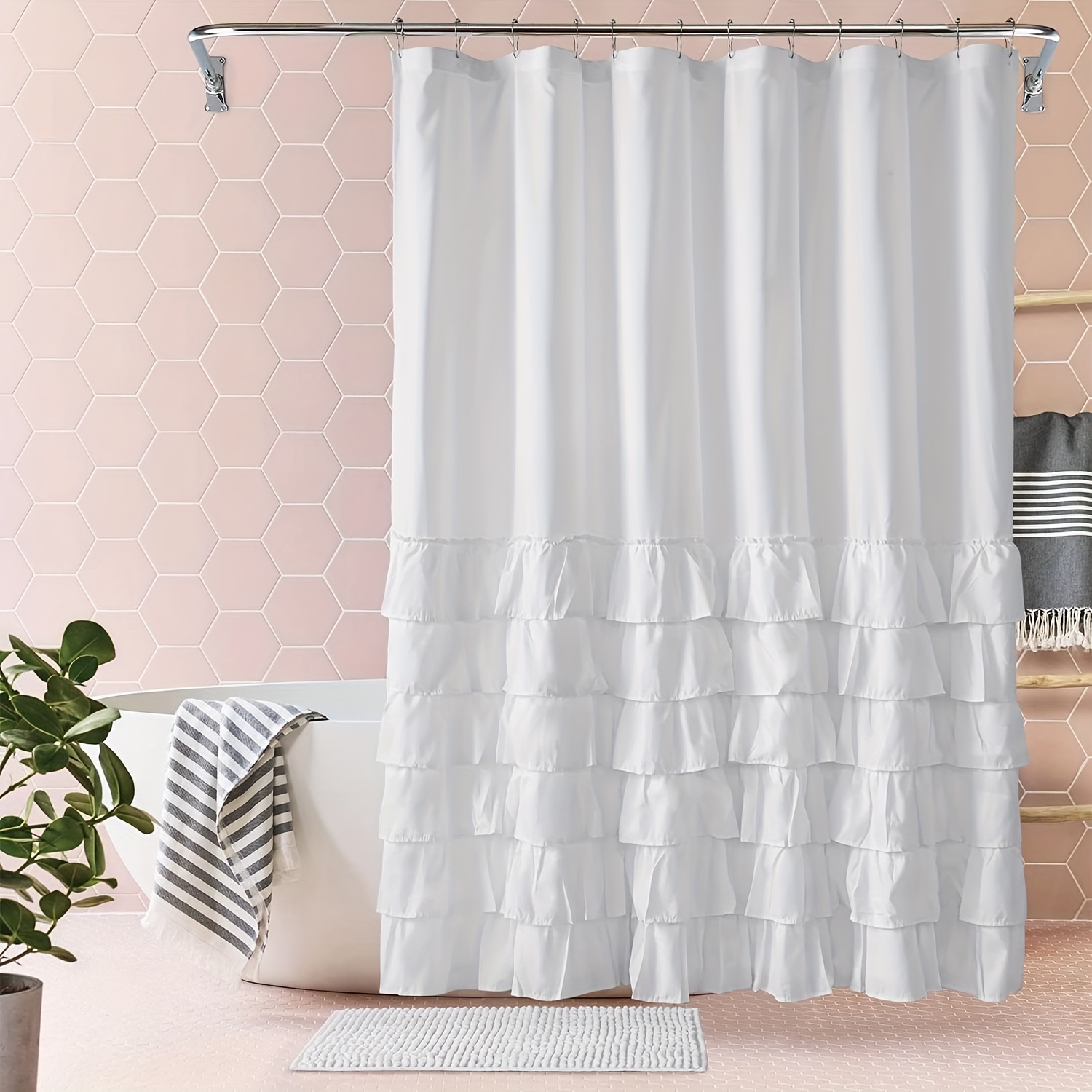 

1pc Layered Ruffle Trim Shower Curtain, Water-resistant Bathroom Decorative Curtain, Solid Color Bathroom Partition, Bathroom Accessories, Home Decor, 72*72inch/182cm*182cm
