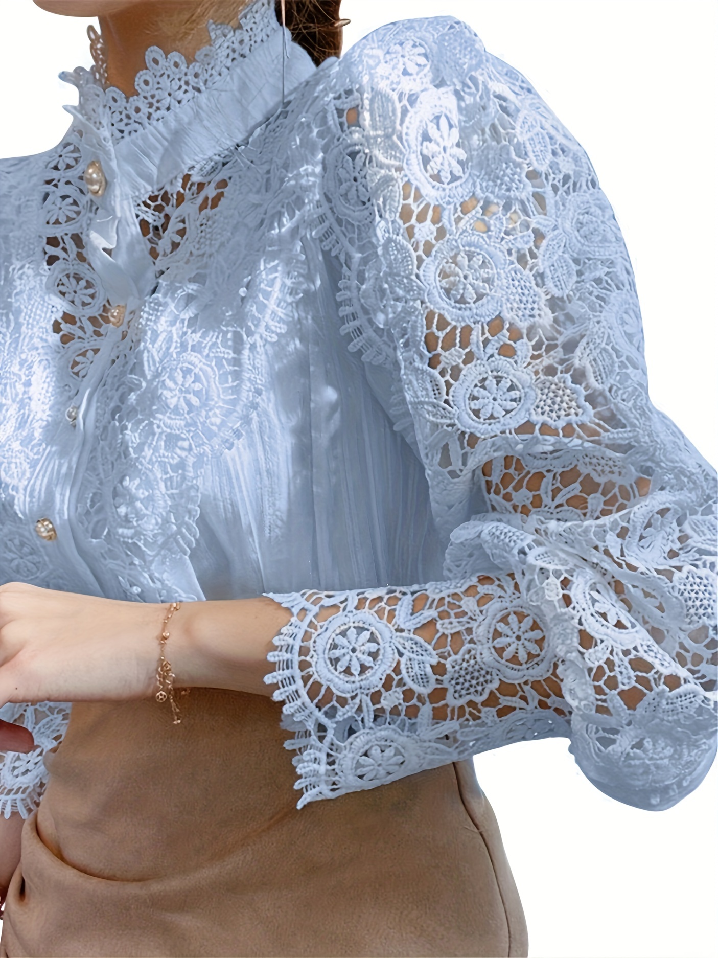 Women's Blouse Lace Puff Sleeve Lantern Sleeve Solid Pleated Women