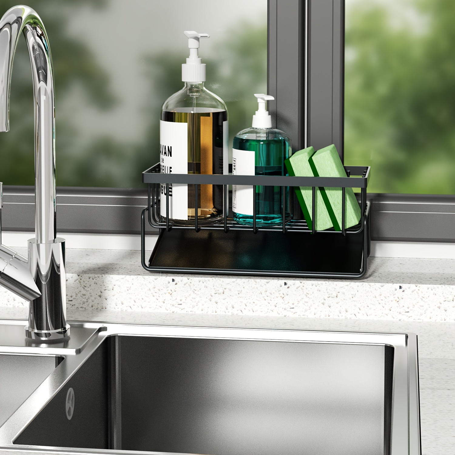 1pc Black Sponge Holder With Drain Tray, Countertop Kitchen Sink Organizer  For Dishwashing Accessories