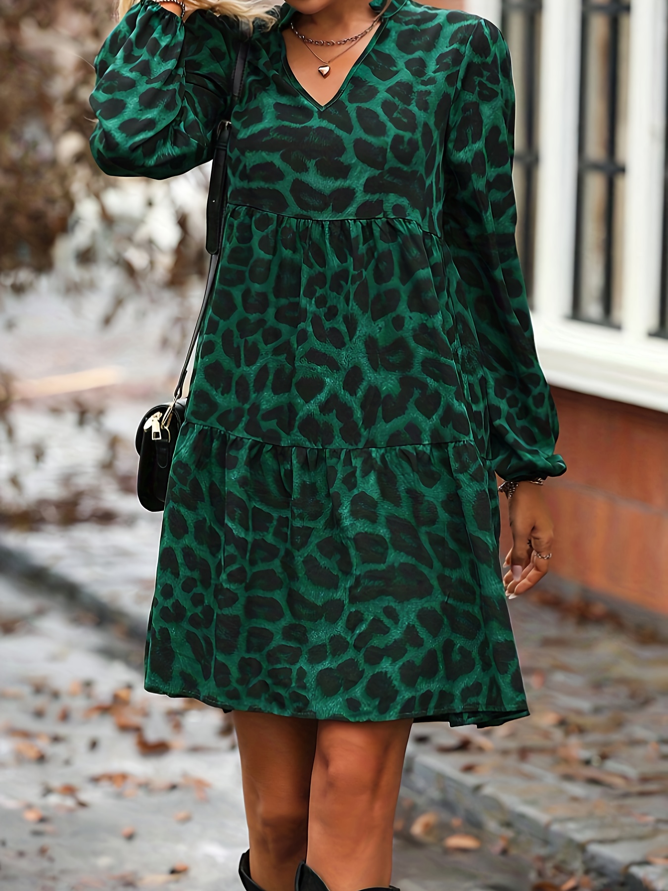 Leopard Print Bishop Sleeve Dress, Elegant Plunge Neck Slim Dress For  Spring & Fall, Women's Clothing