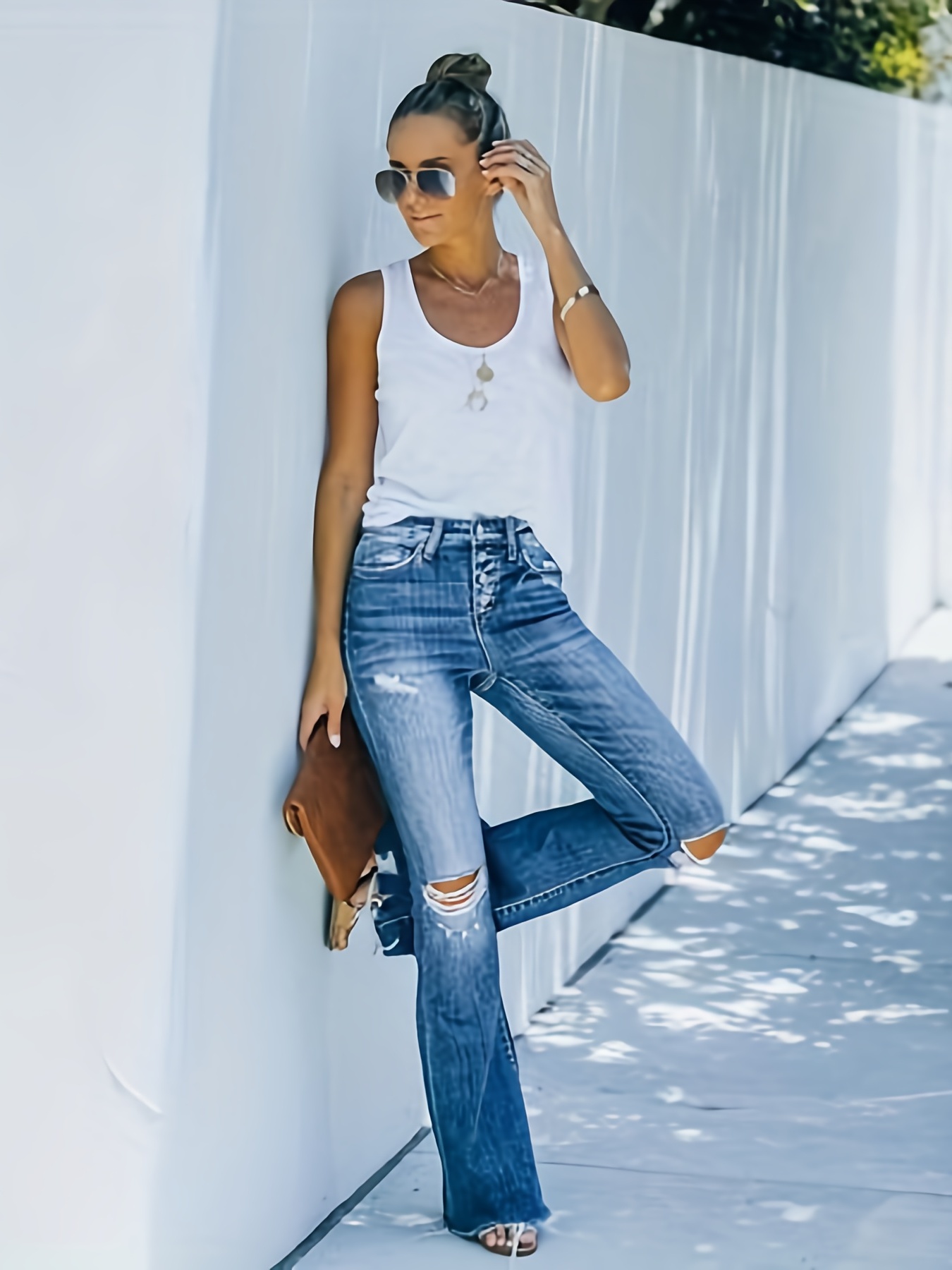 Ripped Whiskering Distressed Flare Jeans Stretchy Water - Temu
