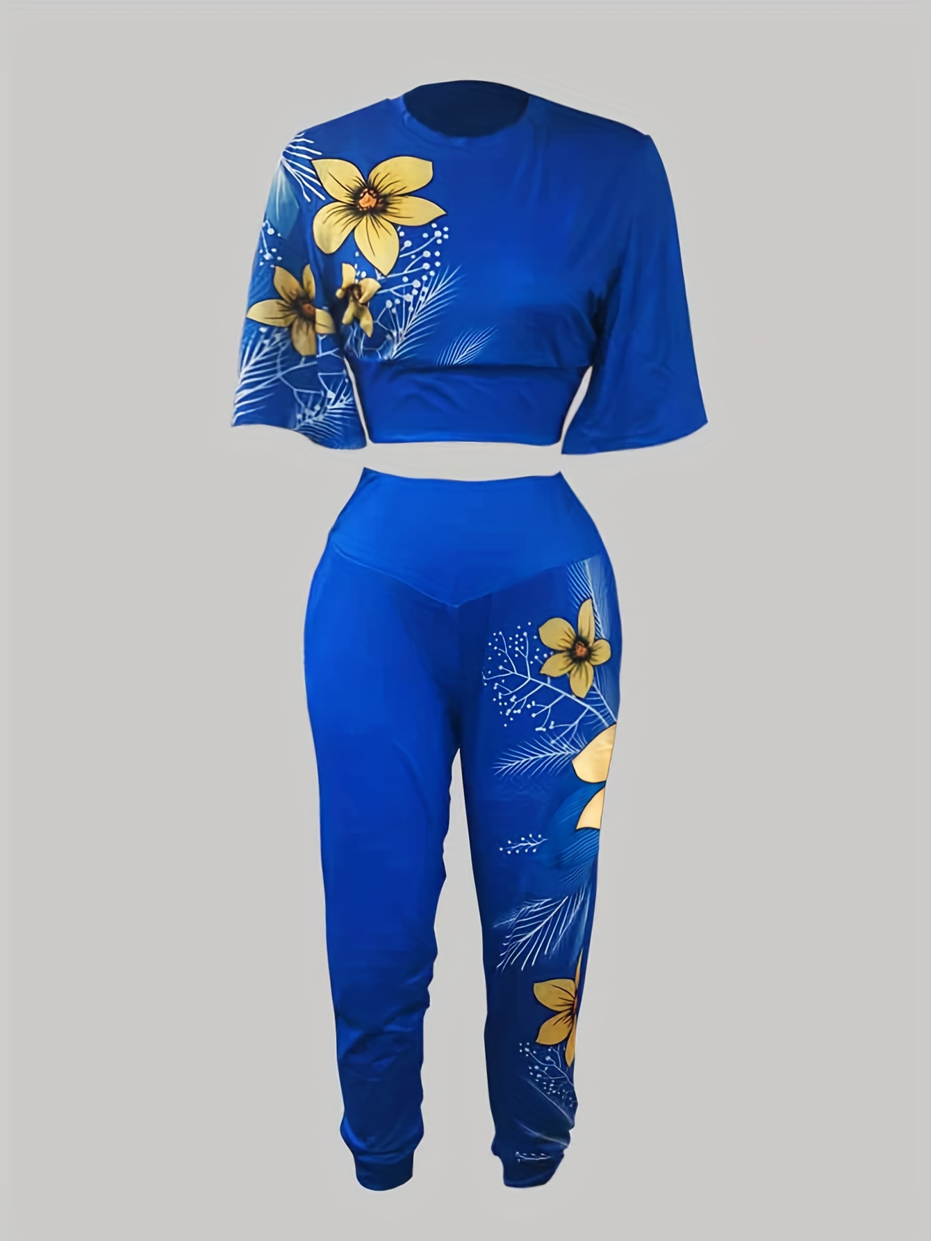 Women's 2 Piece Set - Floral Crop Top and Pants Ensemble / Navy Blue