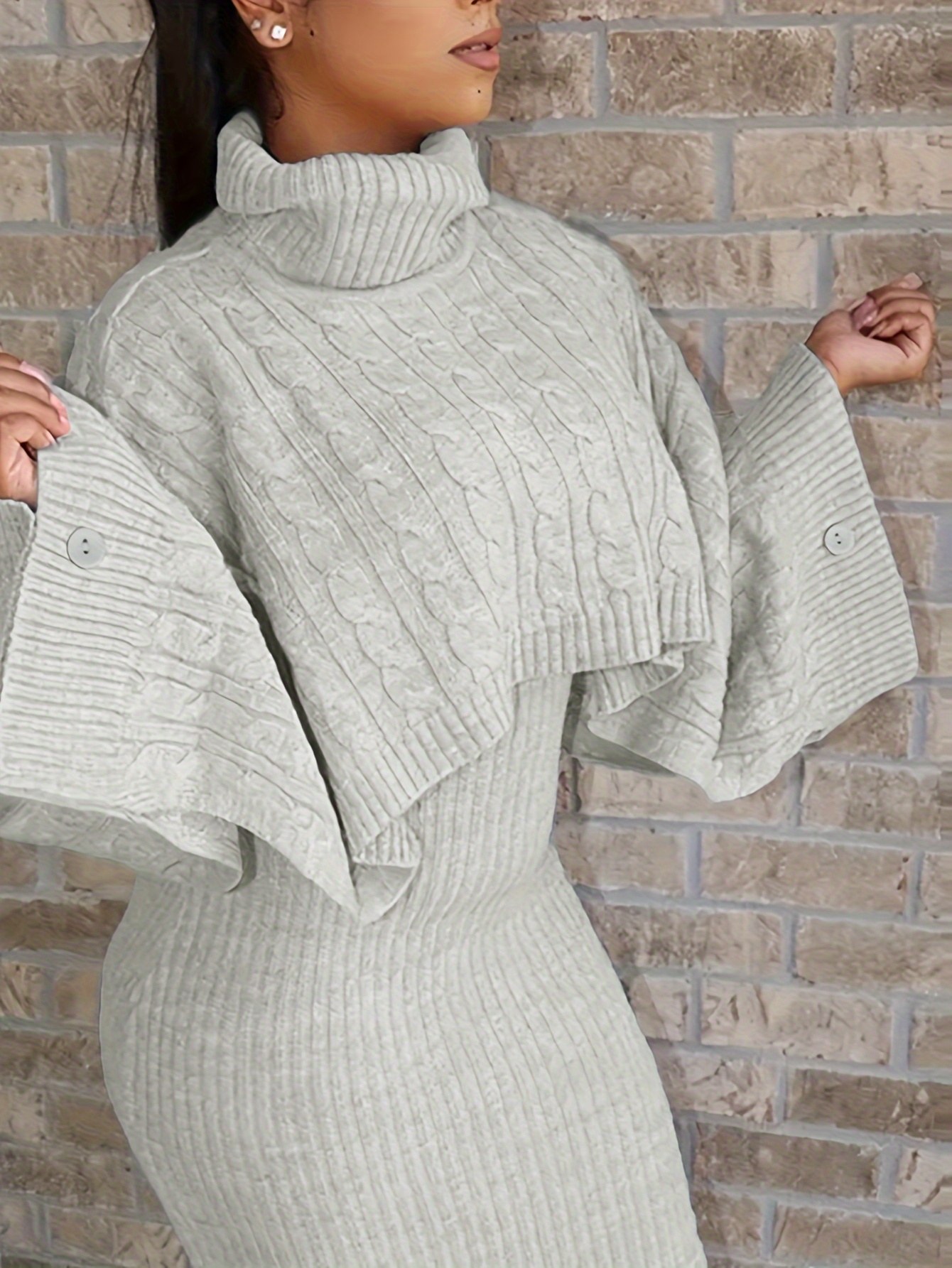 Elegant Solid Knit Two piece Dress Set Turtleneck Cable Knit - Temu Canada