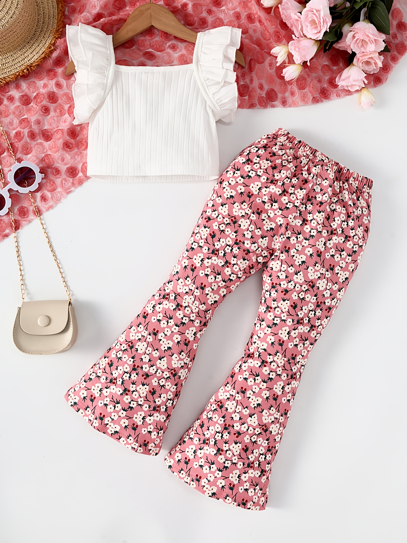 Ruffle Sleeve Cami Top & Floral Pants Set for Girls