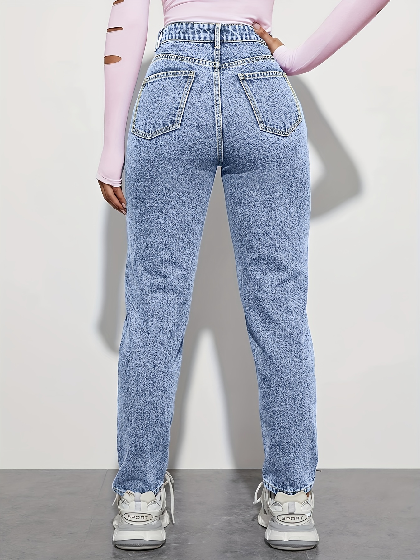 Blue Ripped Mom Jeans, pantalones de mezclilla de talle alto con cintura  alta y pierna recta con bolsillos oblicuos desgastados, jeans y ropa de  mujer