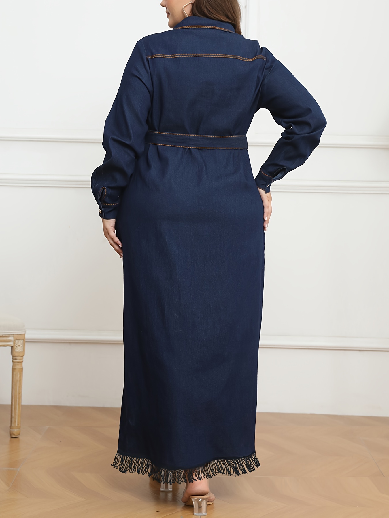 Plus Size Elegant Denim Dress Women's Seam Fringe Solid - Temu