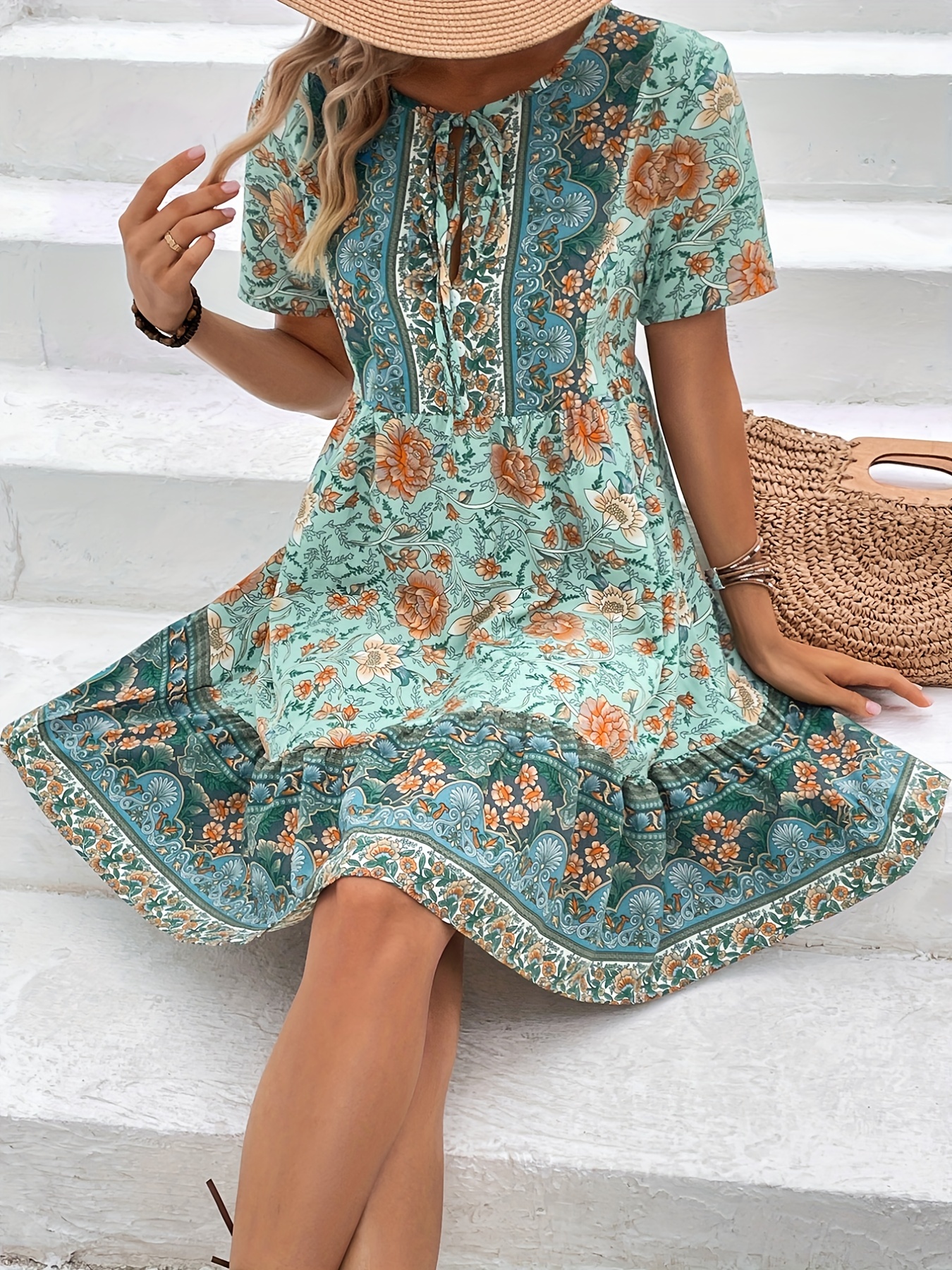 Boho Floral Print Button Front Dress, Casual Short Sleeve Dress For Spring  & Summer, Women's Clothing - Temu