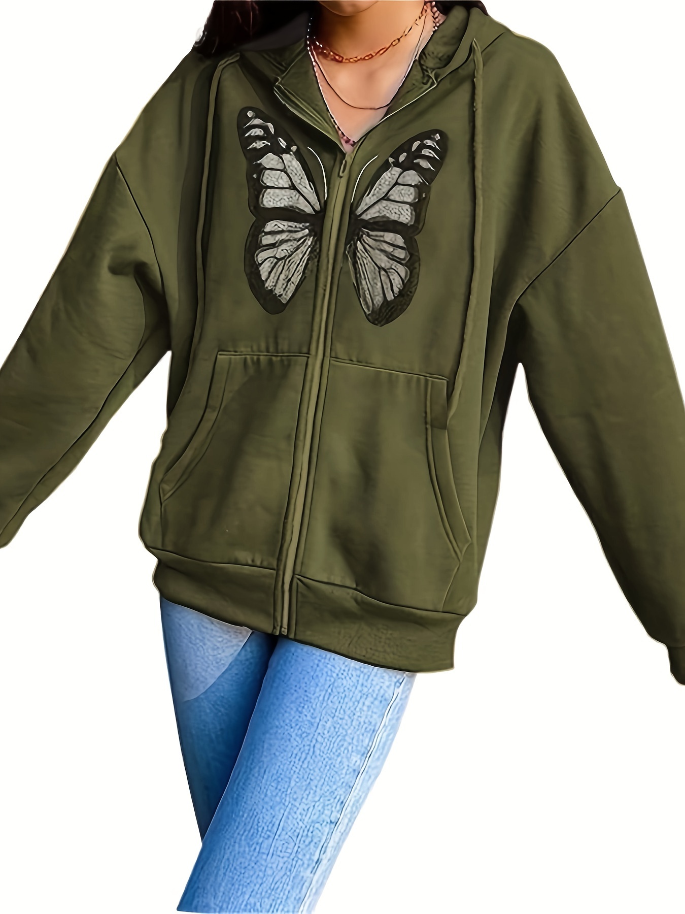 Y2k Butterfly Pattern Zip Hoodie Casual Long Sleeve Drop - Temu