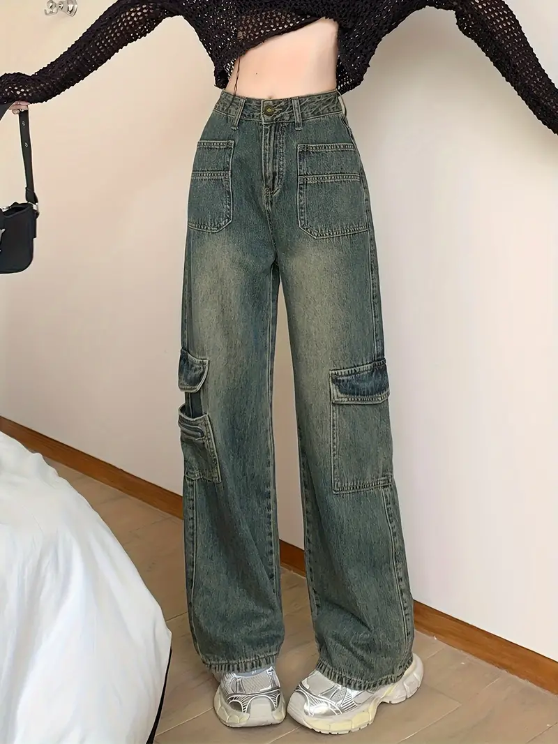 Blue Multi-Pockets Cargo Pants, Retro Style Loose Fit Washed Straight  Jeans, Women's Denim Jeans & Clothing