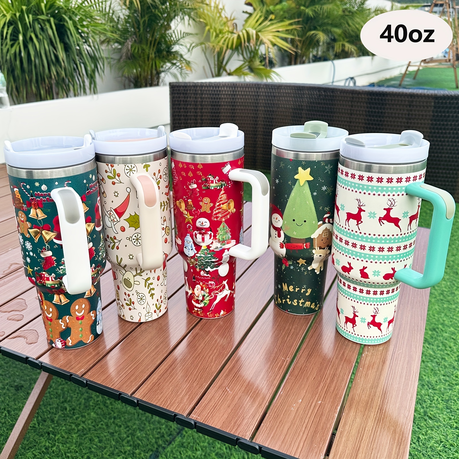 Christmas Thermos Water Bottle with Handle and Straw Lid 40oz
