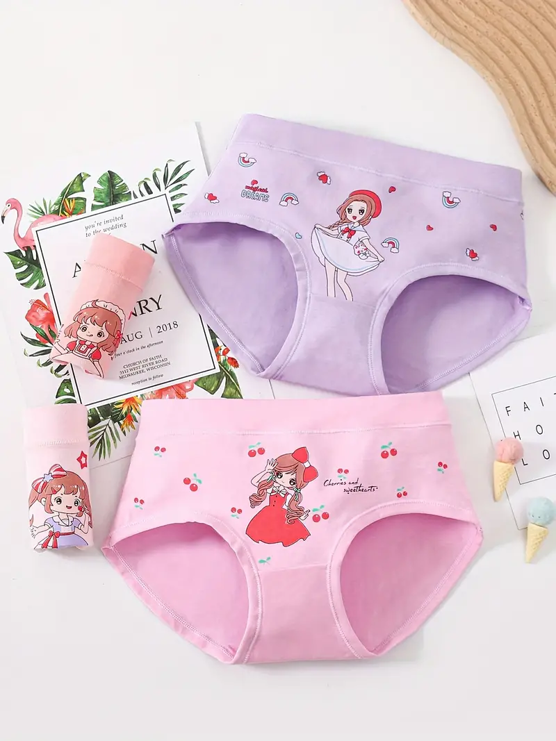 4 Pack Kid Girls Cotton Panties Briefs With Sweet Cute Girl Pattern,  Comfortable Cartoon Panties Kids Baby Girls Brief