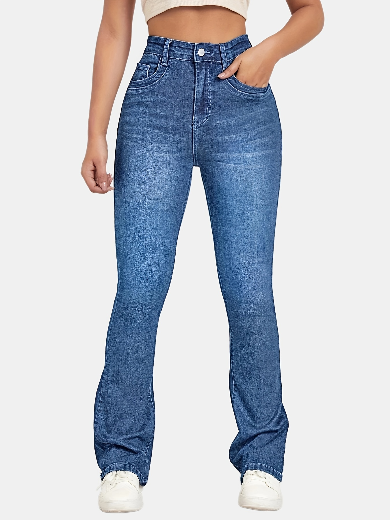 Navy Blue Fashion Bell Bottom Jeans, High Stretch Slim Fit Slant Pockets  Bell Bottom Jeans, Women's Denim Jeans & Clothing