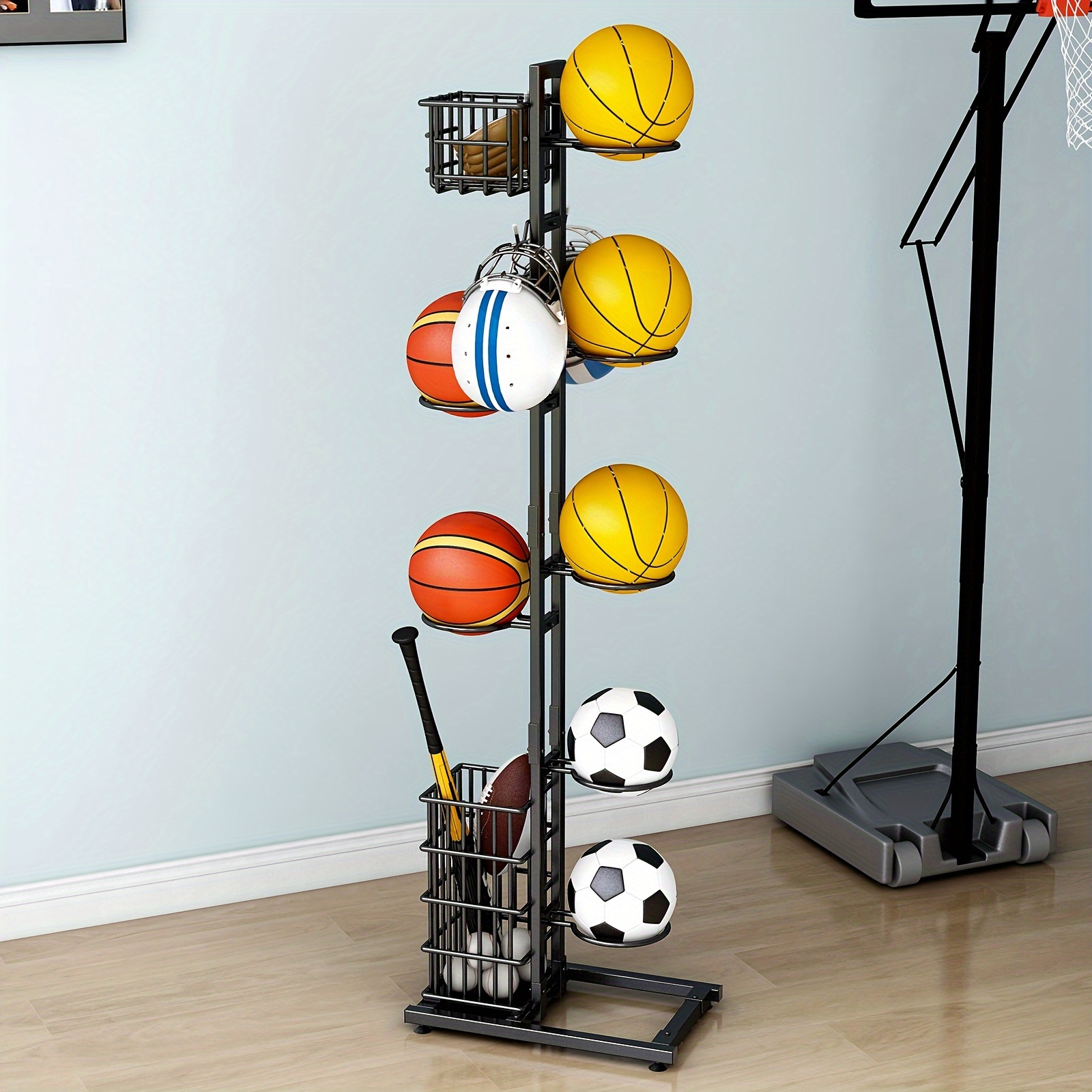 Support de Stockage de Balle de Basket-Ball,Organisateur autoportant à 5  Niveaux pour Garage,Présentoir Vertical avec Panier,Support de Stockage de