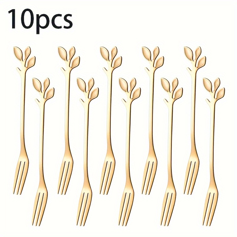 

10pcs Stainless Steel Leaf Fork Set, Creative Appetizer Cake Fruit Fork Set, Tasting Dessert Fork, Kitchen Accessories For Wedding Party