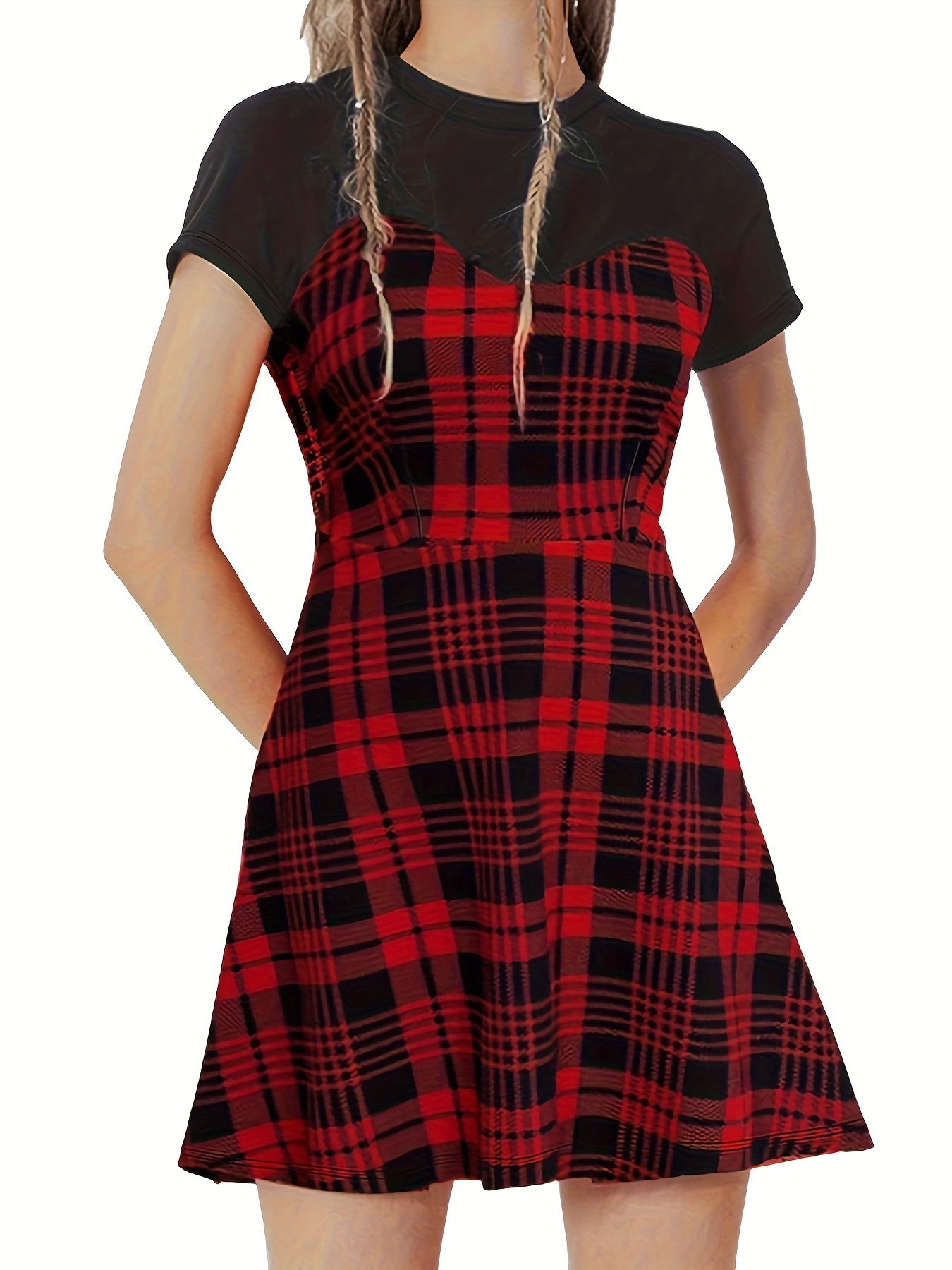 Plus Size Preppy Outfits Set, Women's Plus Solid Textured Long Sleeve Wrap  Hem Top & Plaid Print A-line Dress Outfits 2 Piece Set