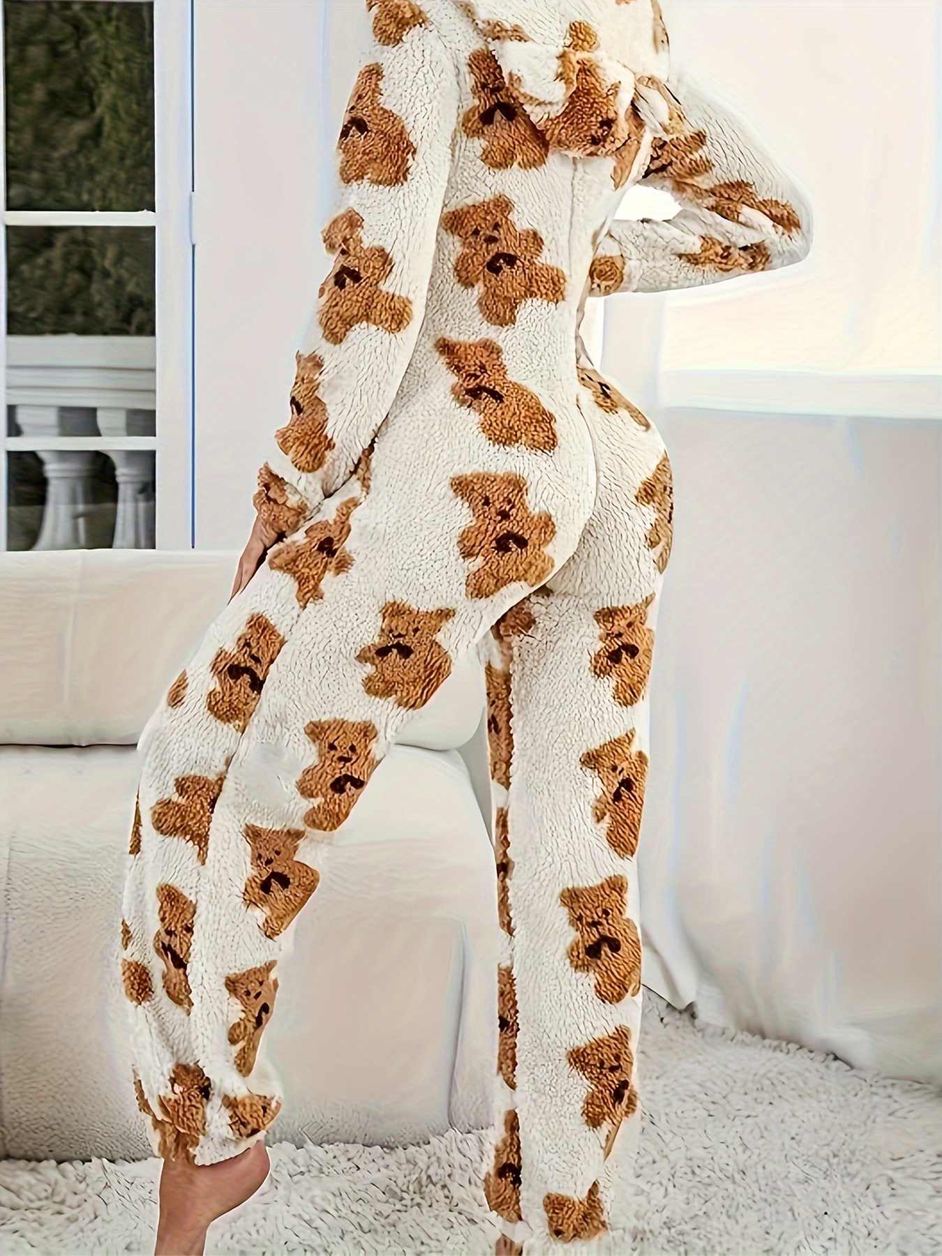 Cartoon Bear Fuzzy Pajama Jumpsuit For Music Festival, Long Sleeve Zipper  Hooded Pajamas, Women's Lingerie & Sleepwear