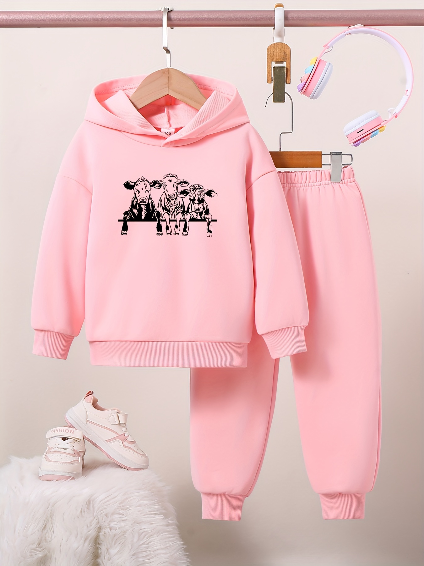 Pink Sports Set, Women Winter Set, Hooded Pullover and Joggers