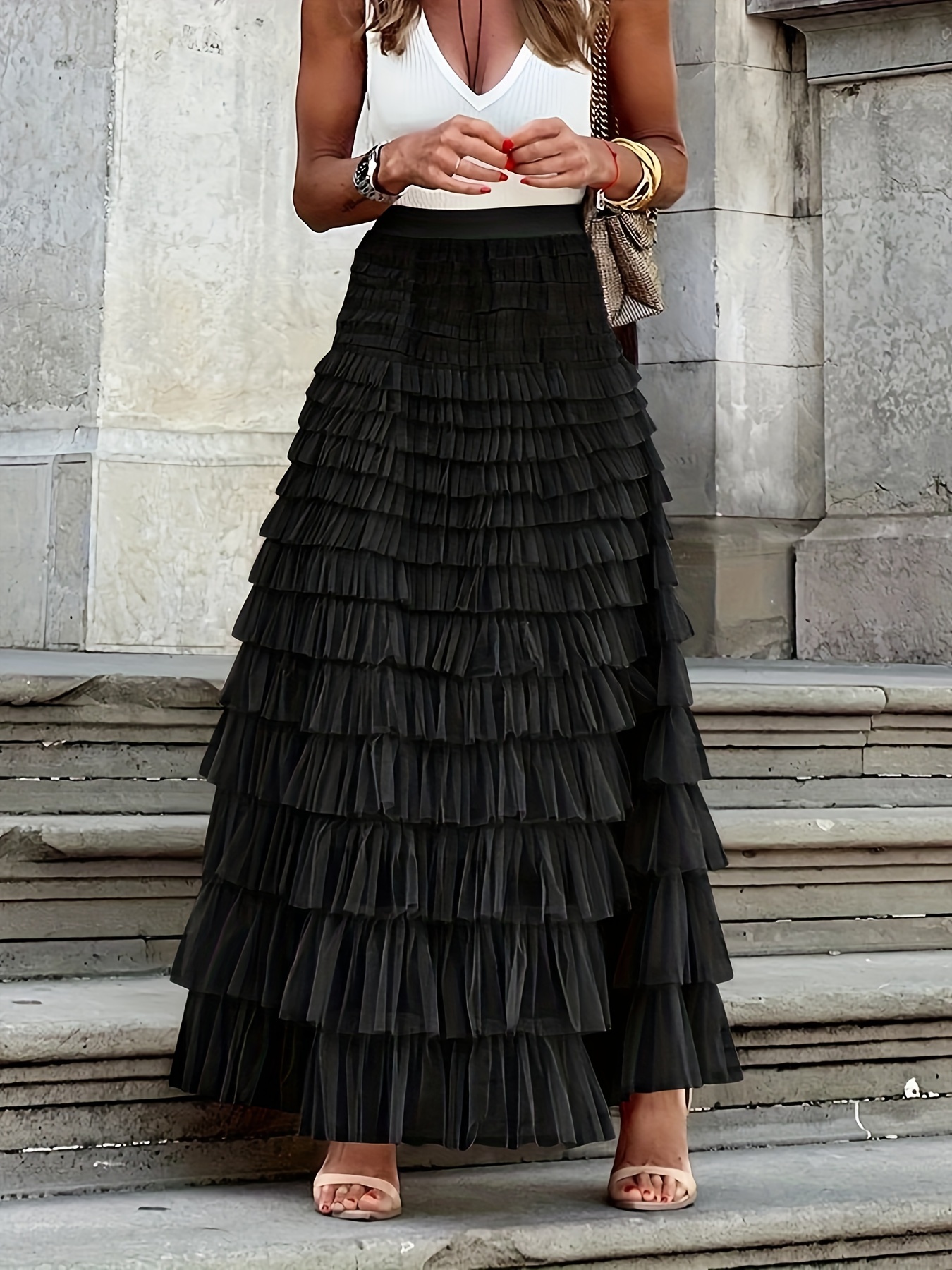 Solid Ruffle Trim Layered Mesh Skirt Versatile High Waist - Temu Philippines