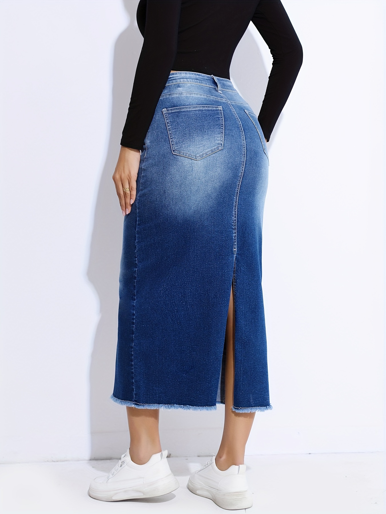 Синяя джинсовая юбка с необработанным краем, эластичная джинсовая юбка-миди с косыми карманами и разрезом сзади, женская джинсовая одежда
