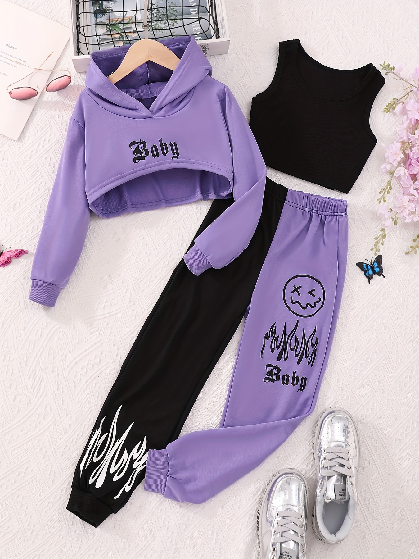 Girls Baby Print Outfits Cropped Hoodies + Tank Top +jogger - Temu Canada