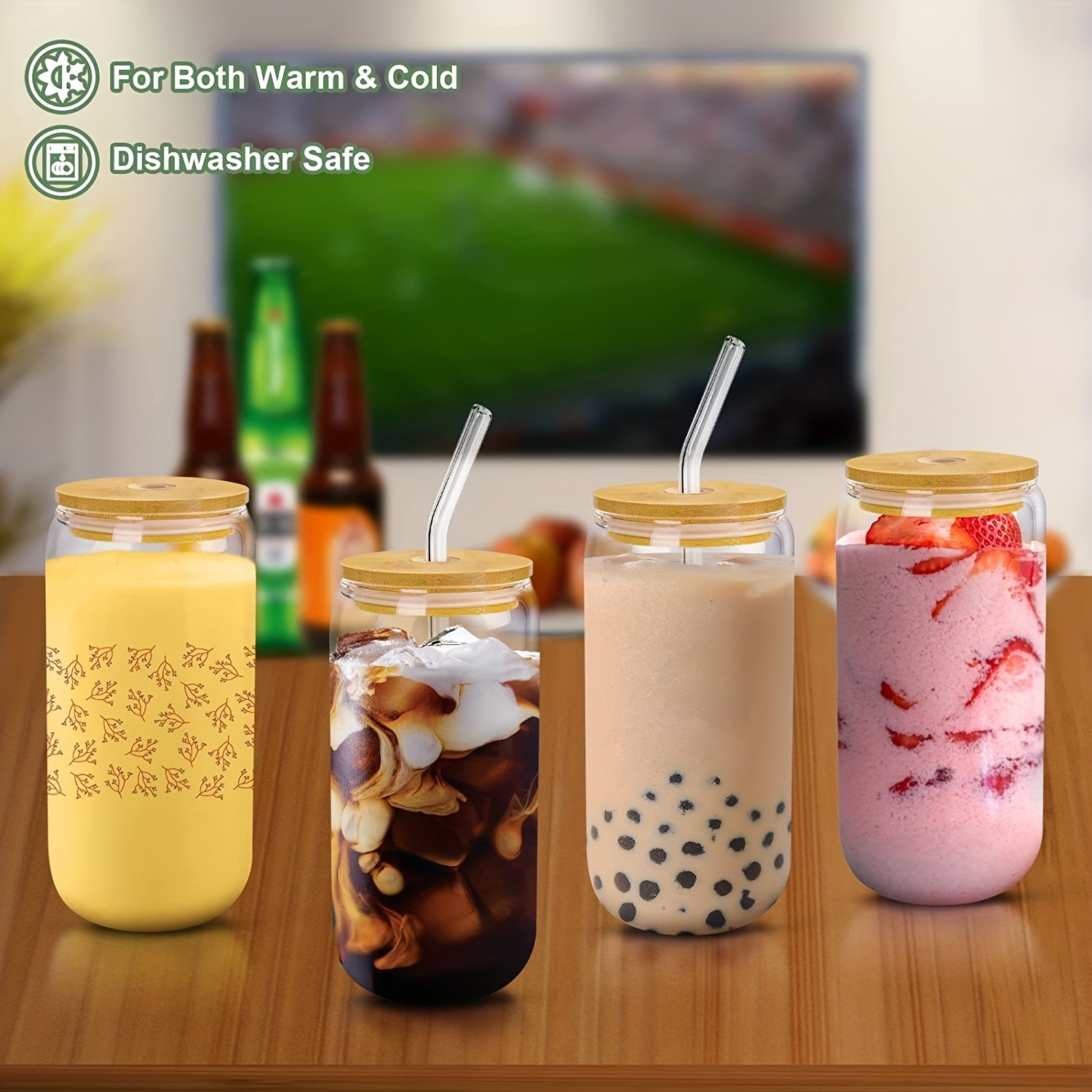 4pcs, Drinking Glasses With Bamboo Lids And Straws, 17oz Glass Tumblers,  Ice Coffee Cups, Cocktail Glasses, Cute Tumbler Cup, Ideal For Whiskey,  Soda