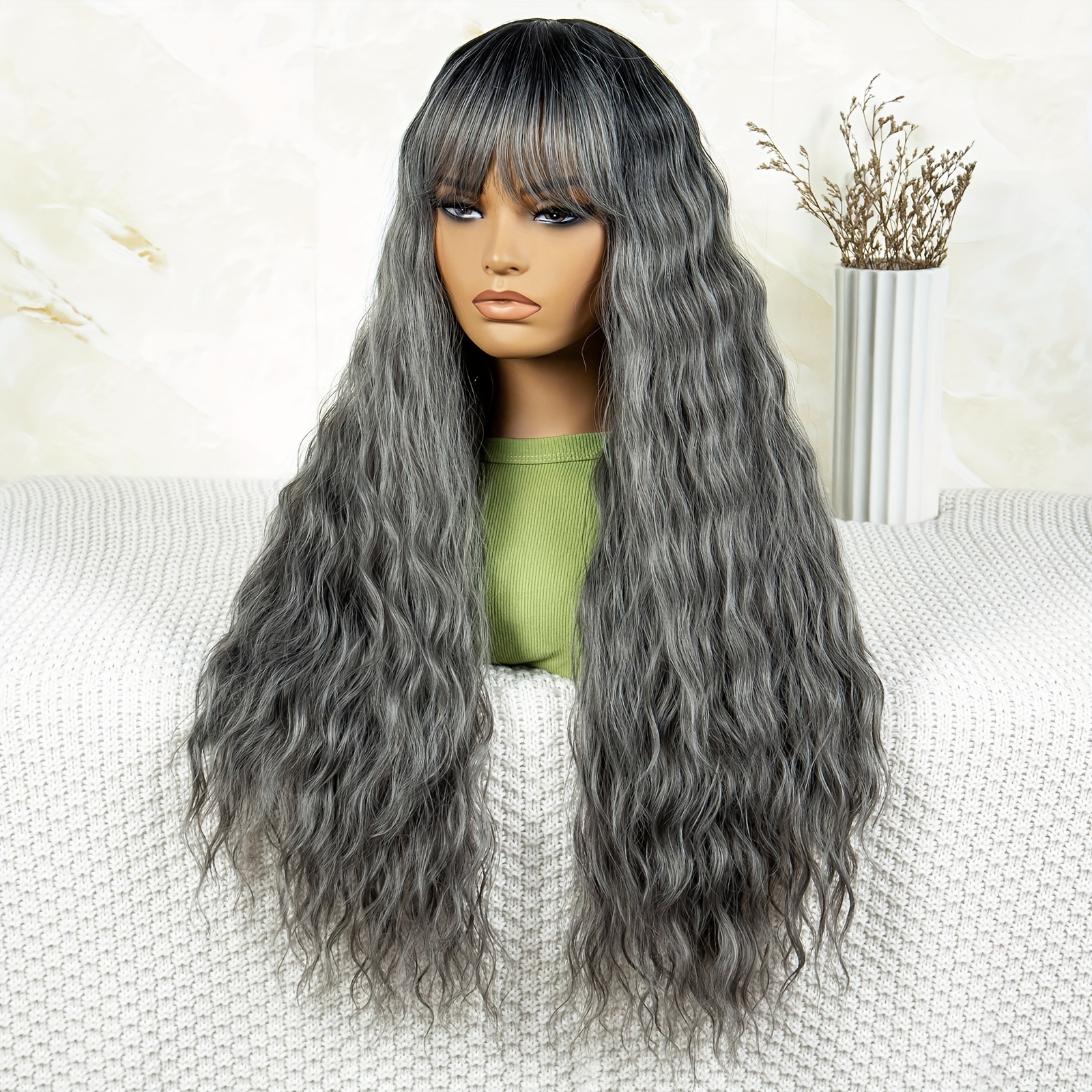 Long Curly Grey Wig Bangs Natural Good Looking Deep Wavy - Temu Philippines