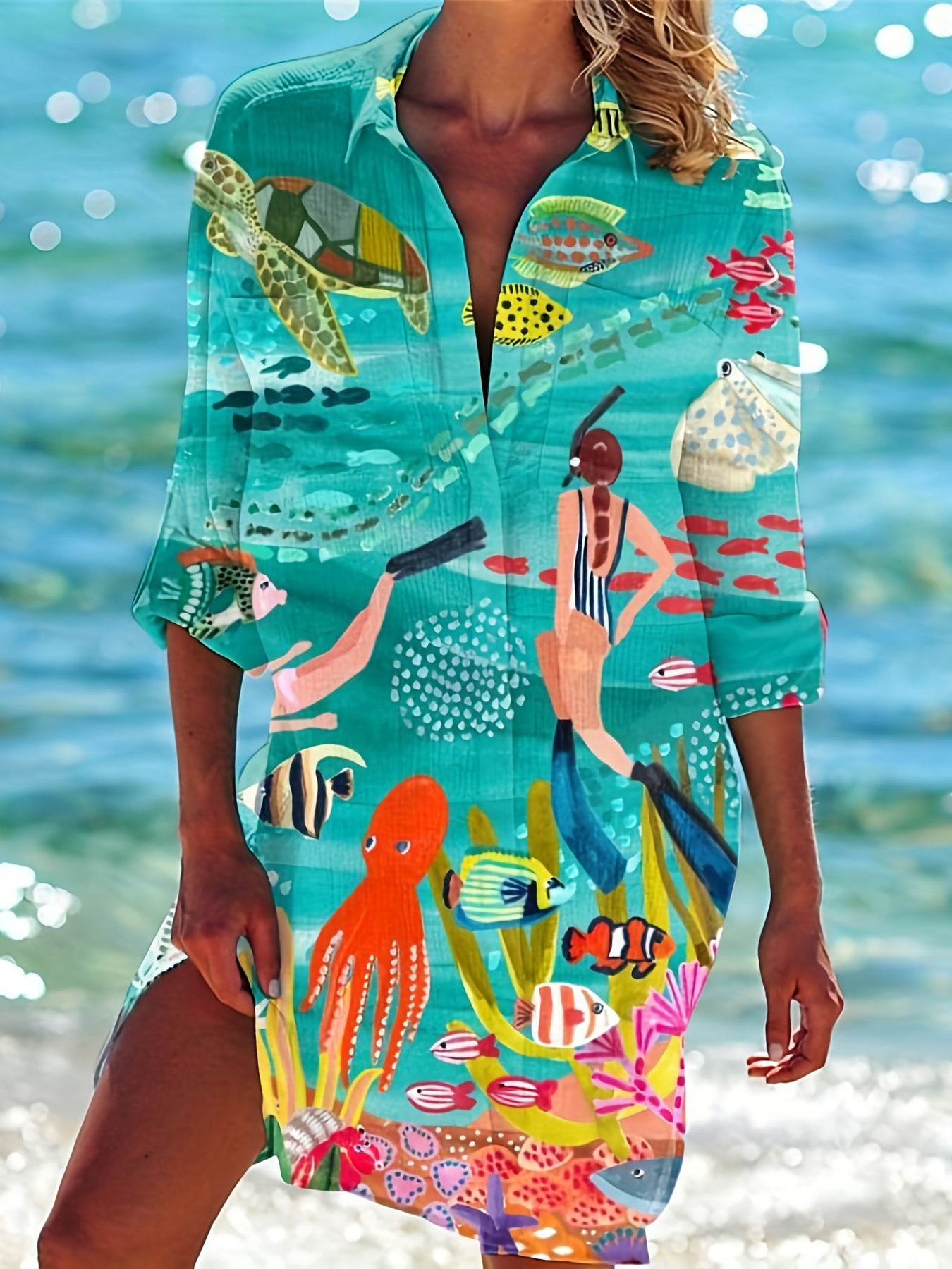 Vacay Dress Plus Size Women s Plus Fish Print Button Three - Temu