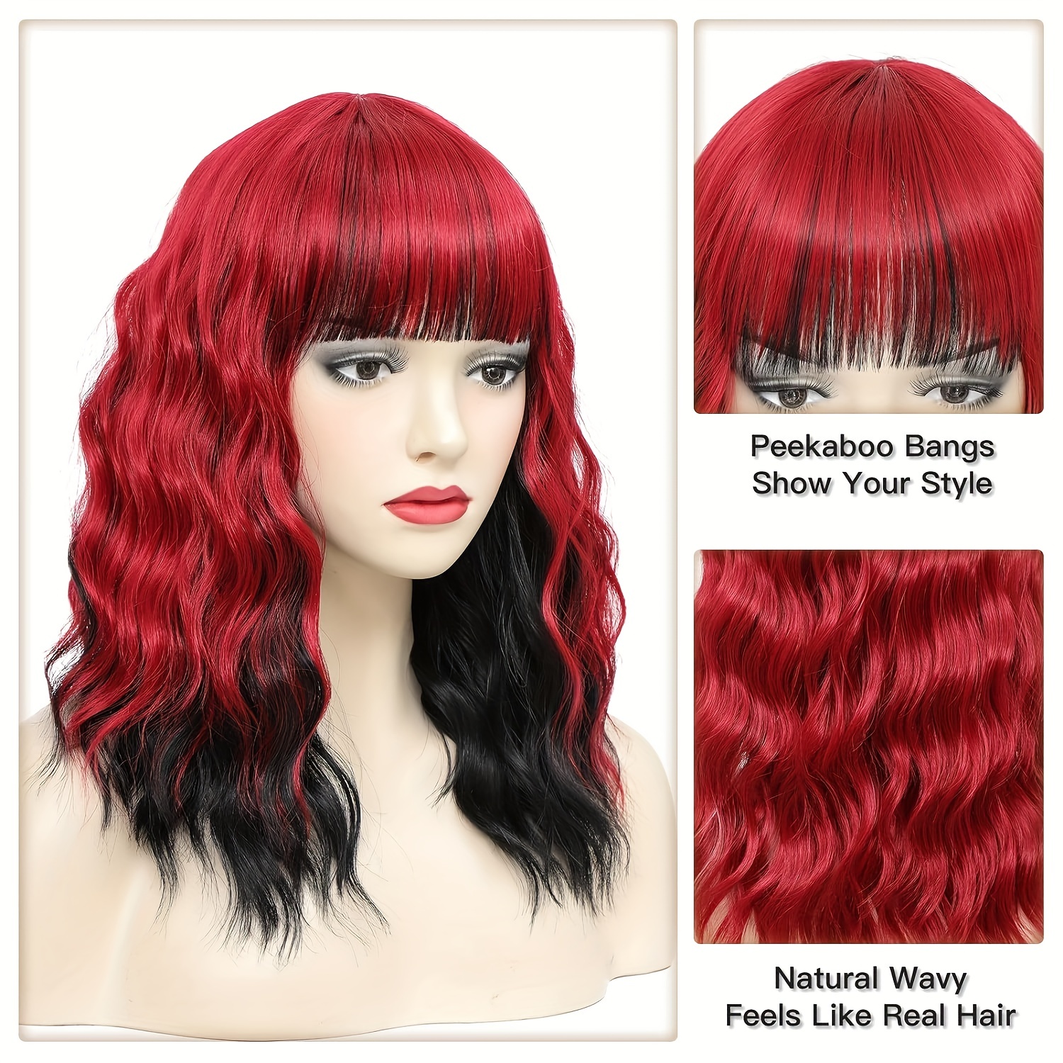 Red Black Bob Wig Bangs Short Wavy Wig Bangs Red Black Temu