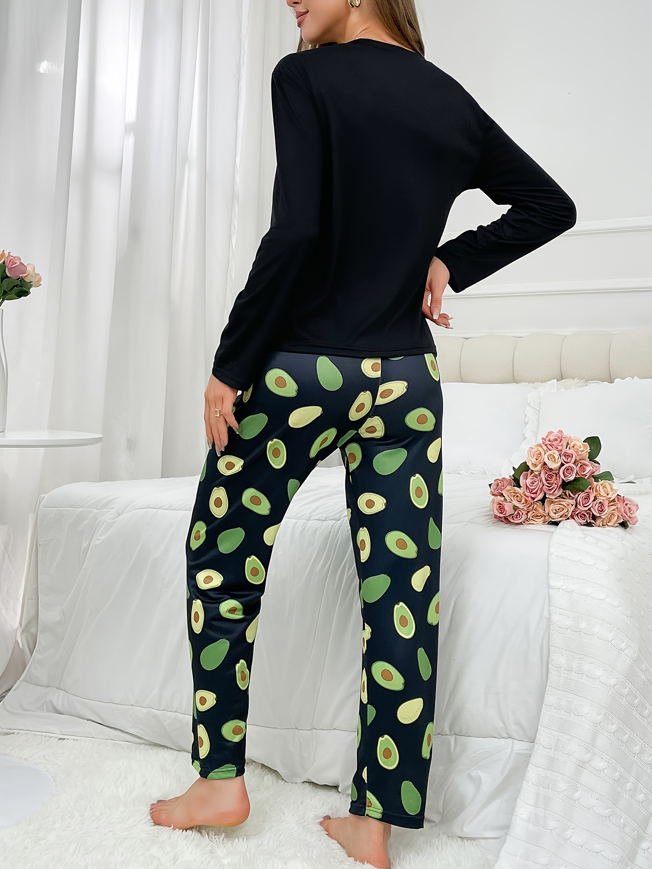 Avocado Print Pajama Set Long Sleeve Crew Neck Top Elastic - Temu