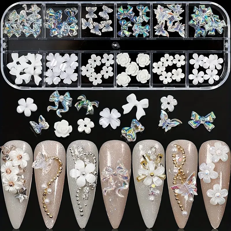 3D White Flower Nail Charm Set, Glitter Pearl Nail Art Metallic Golden  Caviar Beads Glitter Design, Acrylic Nail Art Stud Women DIY Ladies  Manicures Supplies 
