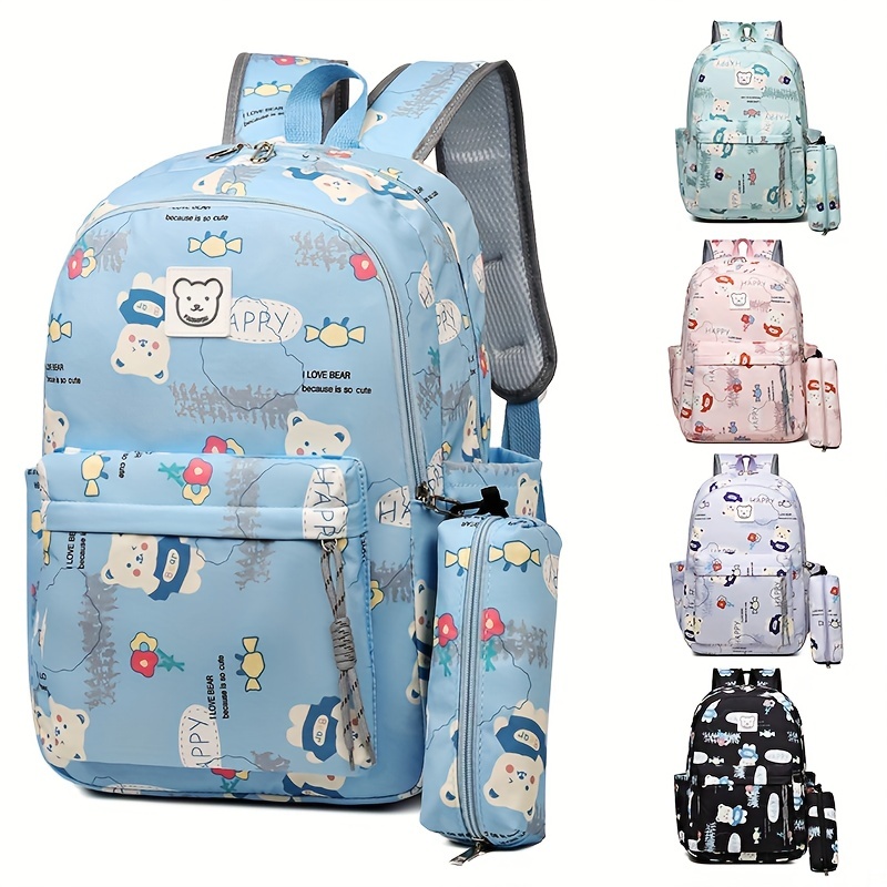Bear Print Large Capacity Preppy Backpack Pencil Case Pendant Set