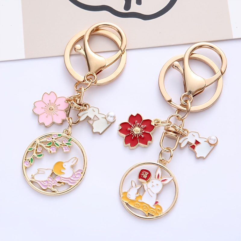 Rabbit Bunny Flower Moon Keychain Chinese Style Cute Animal - Temu