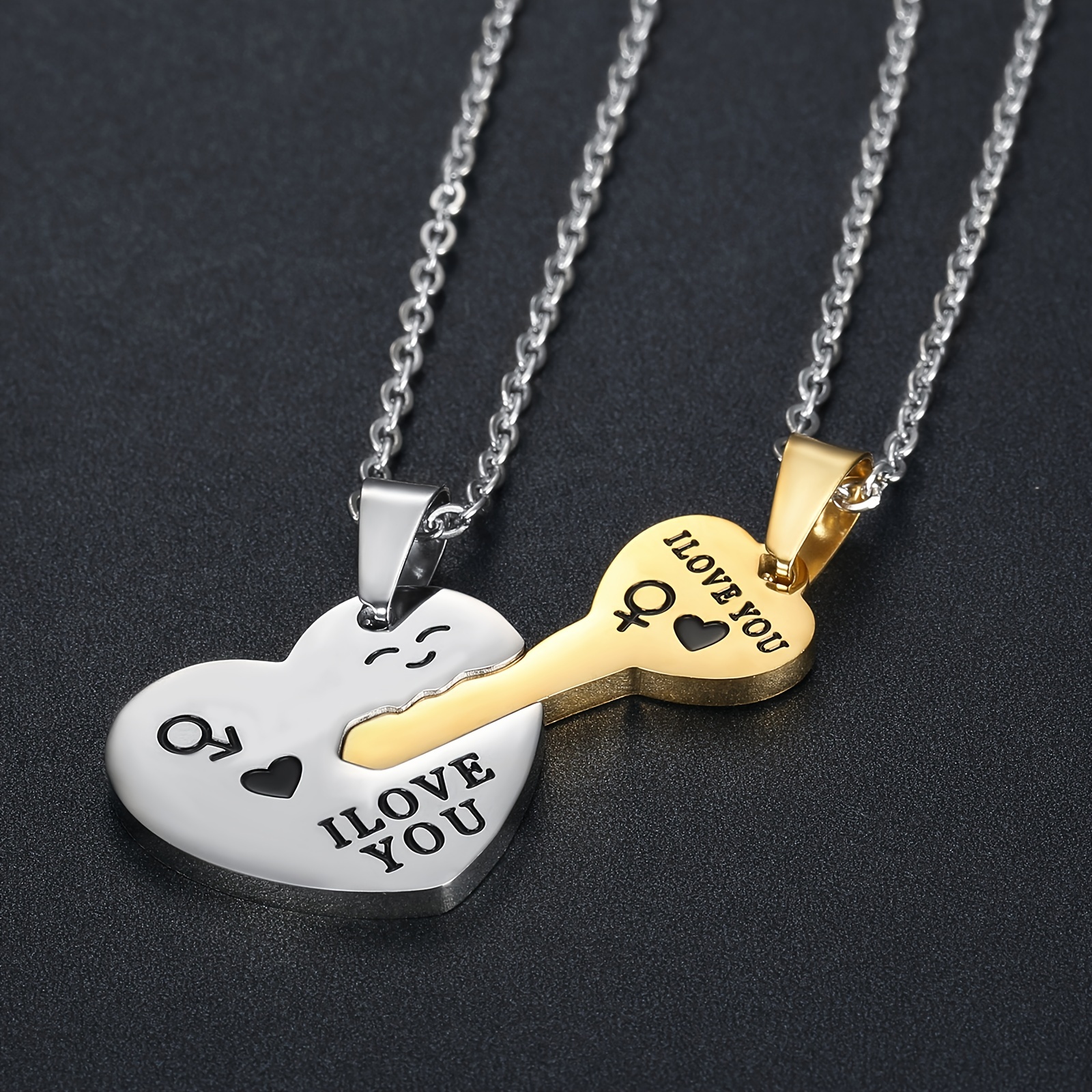 2pcs Heart Pendants Necklaces Women Men Stainless Steel Gold Plated Love  Couple